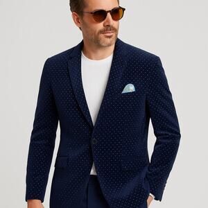Samuel Windsor Navy Blue Suit Jacket Blazer Velvet Polka Dots 48 Quirky Fun